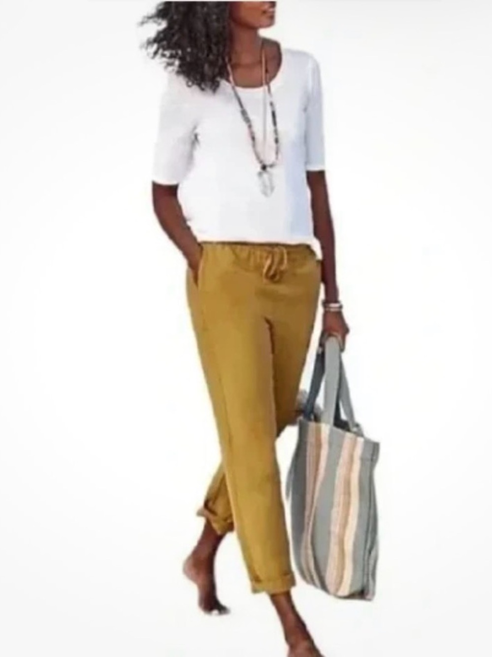 J Jill  Women's Cropped Elastic-Waist Pants - Mustard, Linen-Rayon